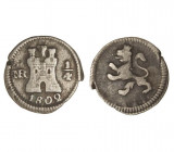 SANTA FE DE NUEVO REINO. Carlos IV (1788 - 1808). 1802 NR. 1/4 real. (Cal.1437). (AC.173). Plata. 
BC+