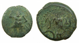 Ebusus (Ibiza). Semis. Siglo II aC. Diós Bes, a la izquierda una palma, a la derecha una letra. ACIP 772. Ae. 4,8 gr.
MBC-
