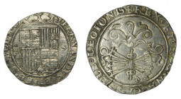 Fernando e Isabel (1474-1504). 4 reales. Sevilla. (Cal-565). (Lf-H5.6.3). Rev.: ...LEGIONIS. Ag. 13,60 g. Escudo entre IIII- S. Ensayador d cuadrada b...