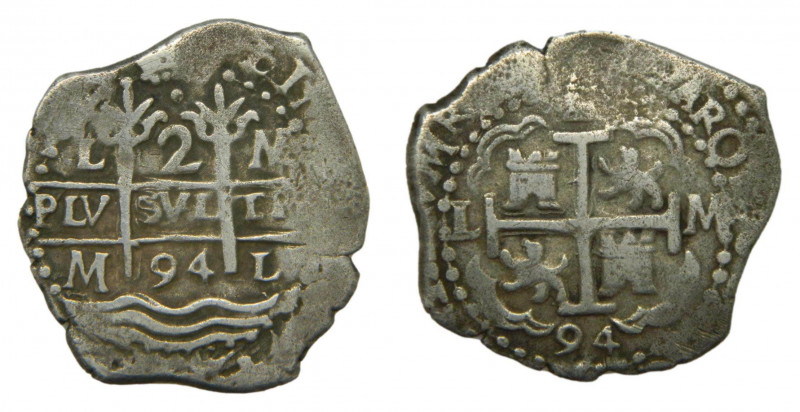 Carlos II (1665-1700) 1694 M. 2 Reales Lima (AC.351) 5,77 gr Ar. Doble fecha.
M...