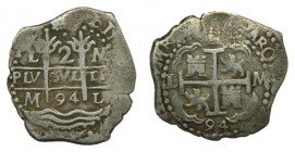 Carlos II (1665-1700) 1694 M. 2 Reales Lima (AC.351) 5,77 gr Ar. Doble fecha.
MBC+