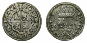 Felipe V (1700-1746). 1725 J. 2 Reales. Sevilla. (AC.983). 5,98 gr Ar 
EBC