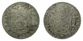 Felipe V (1700-1746). 1736/5 MF. 8 Reales Columnario. Mexico. (AC.1444). 26,8 gr Ar. Leves rayitas.
MBC+