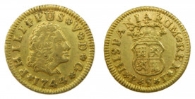 Felipe V (1700-1746). 1744/3 PJ. 1/2 escudo. Sevilla. (AC.1647). 1,79 gr Au 
MBC+