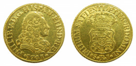 Felipe V (1700-1746). 1741 PJ. 2 escudos. Sevilla. (AC.1994). 6,77 gr Au. Sin indicador de valor. Exceso de metal en P de Hispan. Muy escasa.
EBC