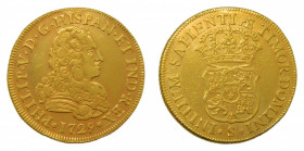 Felipe V (1700-1746). 1729. 4 escudos. Sevilla. (AC.2092). 13,36 gr Au. Leve vano en reverso. Sin indicador de valor ni ensayador. Rara.
MBC