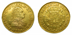 Felipe V (1700-1746). 1734 MF. 8 escudos. Mexico (AC.2232). 26,77 gr Au. Estuvo colgada, canto limado.
BC