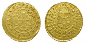 Felipe V (1700-1746). 1704 P . 8 escudos. Sevilla (AC.2271). 26,88 gr Au. "Tipo Cruz". Ligeramente desplazada. Rara.
MBC