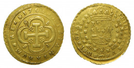 Felipe V (1700-1746). 1705 P . 8 escudos. Sevilla (AC.2273). 26,95 gr Au. "Tipo Cruz". Leve hojita en reverso. Ceca, valor 8 y ensayador en reverso. A...