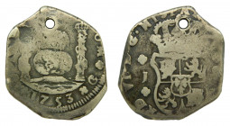 Fernando VI (1746-1759). 1753 J. 8 reales. Guatemala. Columnario. (AC.427). 26,8 gr. Ar. Agujero. 
MBC+