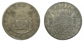 Fernando VI (1746-1759). 1748 MF. 8 reales. México. Columnario. (AC.471). 26,63 gr. Ar. 
MBC
