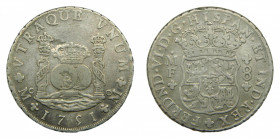 Fernando VI (1746-1759). 1751 MF. 8 reales. México. Columnario. (AC.475). 26,79 gr. Ar. 
MBC-