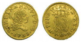 Fernando VI (1746-1759). 1758 JB. 1/2 Escudo. Madrid. (AC.564). 1,74 gr. Au. Marquita en anverso. Doble acuñación visible M de la ceca.
MBC