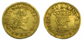 Fernando VI (1746-1759). 1759 J. 1/2 Escudo. Madrid. (AC.566). 1,75 gr. Au. Rayita de ajuste en reverso.
MBC
