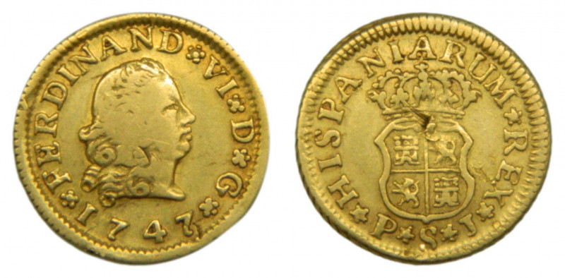 Fernando VI (1746-1759). 1747 PJ. 1/2 Escudo. Sevilla (AC.569). 1,76 gr. Au. Pri...