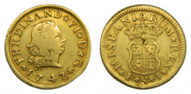 Fernando VI (1746-1759). 1747 PJ. 1/2 Escudo. Sevilla (AC.569). 1,76 gr. Au. Primer busto. Defecto en reverso.
MBC