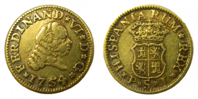 Fernando VI (1746-1759). 1754 PJ. 1/2 Escudo. Sevilla (AC.577). 1,76 gr. Au 
MB...