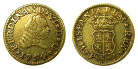 Fernando VI (1746-1759). 1754 PJ. 1/2 Escudo. Sevilla (AC.577). 1,76 gr. Au 
MBC