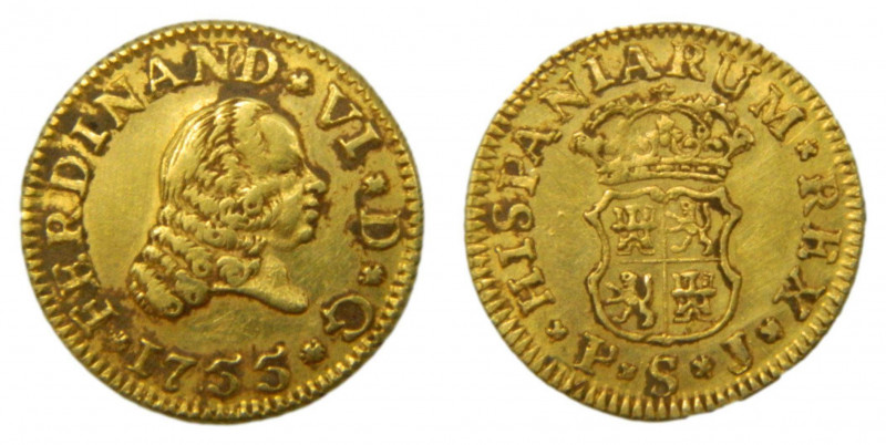 Fernando VI (1746-1759). 1755 PJ. 1/2 Escudo. Sevilla (AC.578). 1,79 gr. Au 
MB...