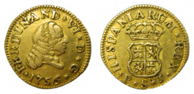 Fernando VI (1746-1759). 1756 PJ. 1/2 Escudo. Sevilla (AC.580). 1,69 gr. Au 
MBC