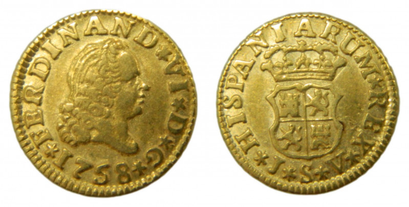 Fernando VI (1746-1759). 1758 JV. 1/2 Escudo. Sevilla (AC.586). 1,75 gr. Au. Est...