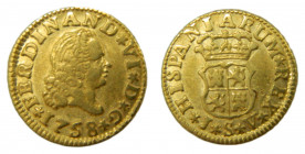 Fernando VI (1746-1759). 1758 JV. 1/2 Escudo. Sevilla (AC.586). 1,75 gr. Au. Estrellas acotando ceca y ensayador.
MBC+