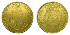 Fernando VI (1746-1759). 1754 JD. 8 Escudo. Lima (AC.767). 26,66 gr. Au. Estuvo colgada, canto reparado en 2 zonas. Marquitas.
BC+