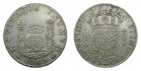 Carlos III (1759-1788). 1763 MF. 8 reales. México. Columnario. (AC.1086). 27,01 gr. Ar.
MBC