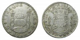 Carlos III (1759-1788). 1768 MF. 8 reales. México. Columnario. (AC.1094). 26,96 gr. Ar. Leves rayitas, limpiada.
MBC