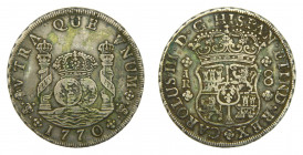 Carlos III (1759-1788). 1770 JR . 8 reales. Potosí. Columnario. (AC.1168). 26,77 gr. Ar.
MBC