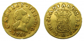 Carlos III (1759-1788). 1760 JP. 1/2 escudo. Madrid. (AC.1242). 1,75 gr. Au. Canto irregular.
MBC