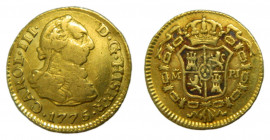 Carlos III (1759-1788). 1775/4 PJ. 1/2 escudo. Madrid. (AC.1261). 1,72 gr. Au. Rayitas en reverso.
MBC