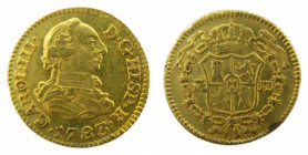 Carlos III (1759-1788). 1783 JD. 1/2 escudo. Madrid. (AC.1275). 1, 77 gr. Au. Rayita en anverso.
MBC