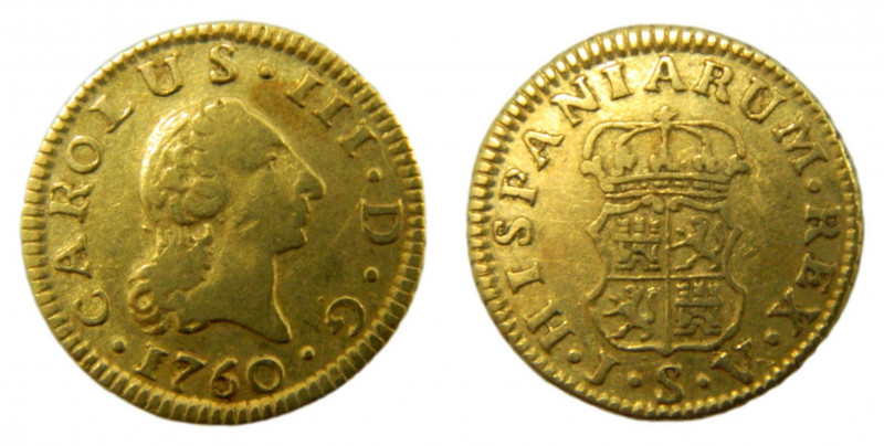 Carlos III (1759-1788). 1760 JV. 1/2 escudo. Sevilla. (AC.1288). 1,75 gr. Au.
M...