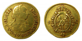 Carlos III (1759-1788). 1788/76 C. 1/2 escudo. Sevilla. (AC.1318 Var). 1,75 gr. Au.Rayitas de ajuste en anverso.
MBC
