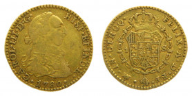 Carlos III (1759-1788). 1780 FF/FM . 1 escudo. Mexico. (AC.1398). Ceca y ensayador invertidos. Rectificación de ensayador. 3,32 gr. Au.
MBC