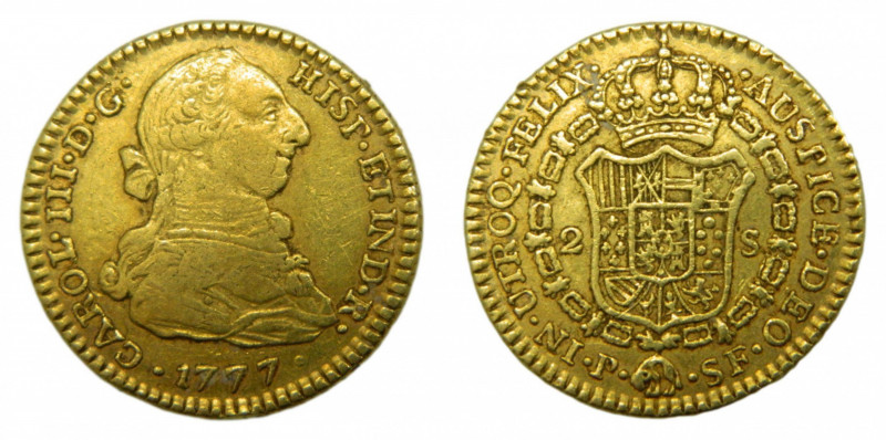 Carlos III (1759-1788). 1777 SF . 2 escudos. Popayán. (AC.1635). 6,75 gr. Au.
M...
