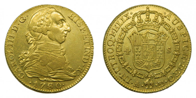 Carlos III (1759-1788). 1780 PJ. 4 escudos. Madrid. (AC.1784). 13,52 gr. Au. Ray...