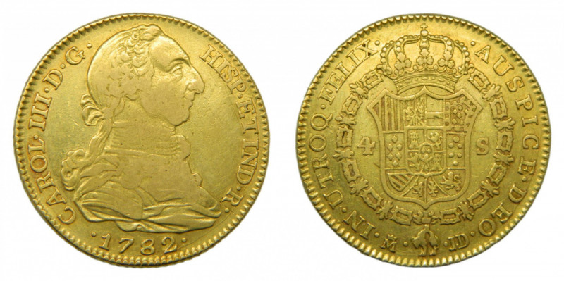 Carlos III (1759-1788). 1782 JD. 4 escudos. Madrid. (AC.1787). 13,38 gr. Au 
MB...