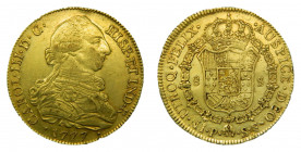Carlos III (1759-1788). 1777 SF . 8 escudos. Popayán. (AC.2045). 27,04 gr. Au. Hojita en reverso.
MBC+