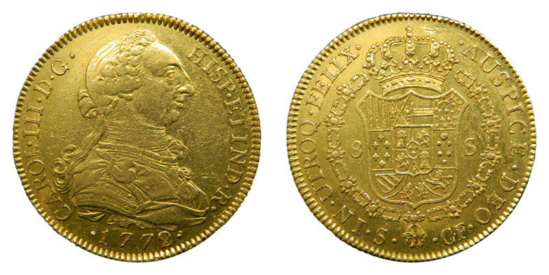 Carlos III (1759-1788). 1772 CF. 8 escudos. Sevilla (AC.2181). 26,98 gr. Au. Lig...