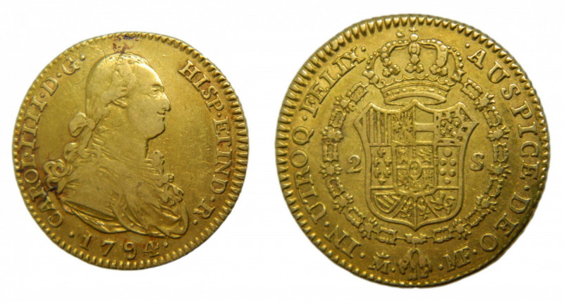 Carlos IV (1788-1808). 1794 MF. 2 escudos. Madrid. (AC.1282). 6,68 gr. Au. 
MBC