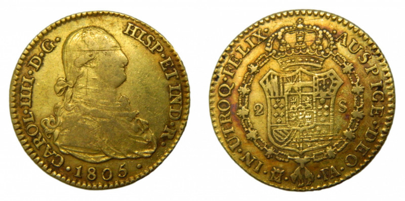 Carlos IV (1788-1808). 1805 FA. 2 escudos. Madrid. (AC.1312). 6,74 gr. Au. Rayit...