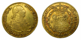 Carlos IV (1788-1808). 1805 FA. 2 escudos. Madrid. (AC.1312). 6,74 gr. Au. Rayitas de ajuste. 
MBC