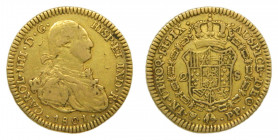 Carlos IV (1788-1808). 1801 PP . 2 escudos. Potosí. (AC.1371). 6,69 gr. Au. Leves hojitas en anverso. Muy Rara.
MBC