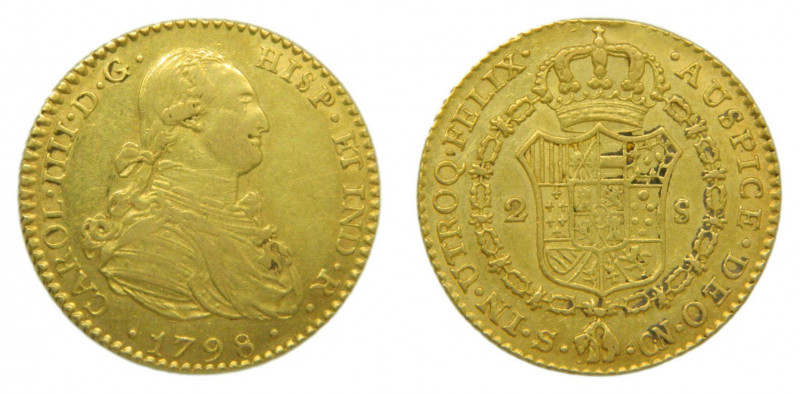 Carlos IV (1788-1808). 1798 CN. 2 escudos. Sevilla. (AC.1434). 6,76 gr. Au. Leve...