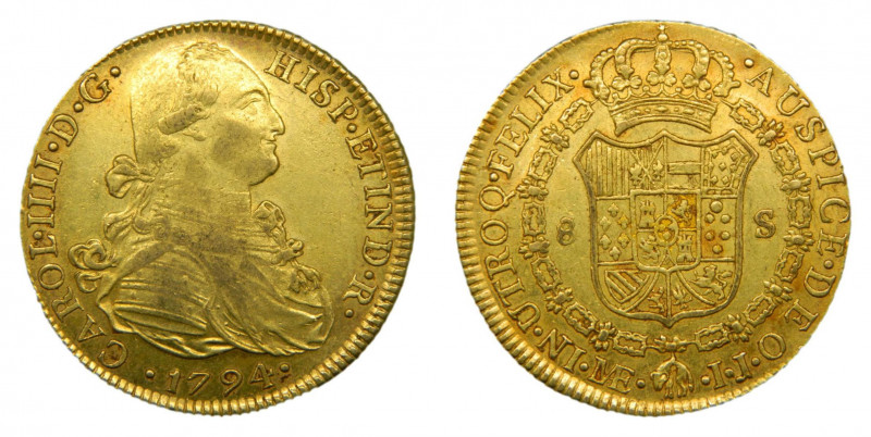 Carlos IV (1788-1808). 1794 IJ. 8 escudos. Lima. (AC.1593). 27,02 gr. Au.
MBC