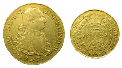 Carlos IV (1788-1808). 1798 JF. 8 escudos. Popayán. (AC.1670). 26,93 gr. Au. 
MBC+/EBC-