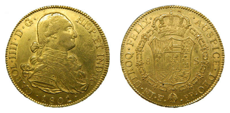 Carlos IV (1788-1808). 1801 PP. 8 escudos. Potosí. (AC.1707). 27,08 gr. Au. 
MB...