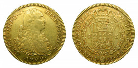 Carlos IV (1788-1808). 1792 JJ. 8 escudos. Santa fe de Nuevo Reino. (AC.1721). 26,96 gr. Au. Hojita en reverso.
MBC